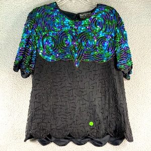 Royal Feelings Women's Formal Silk Top with‎  Sequins Short Sleeve  Size Large